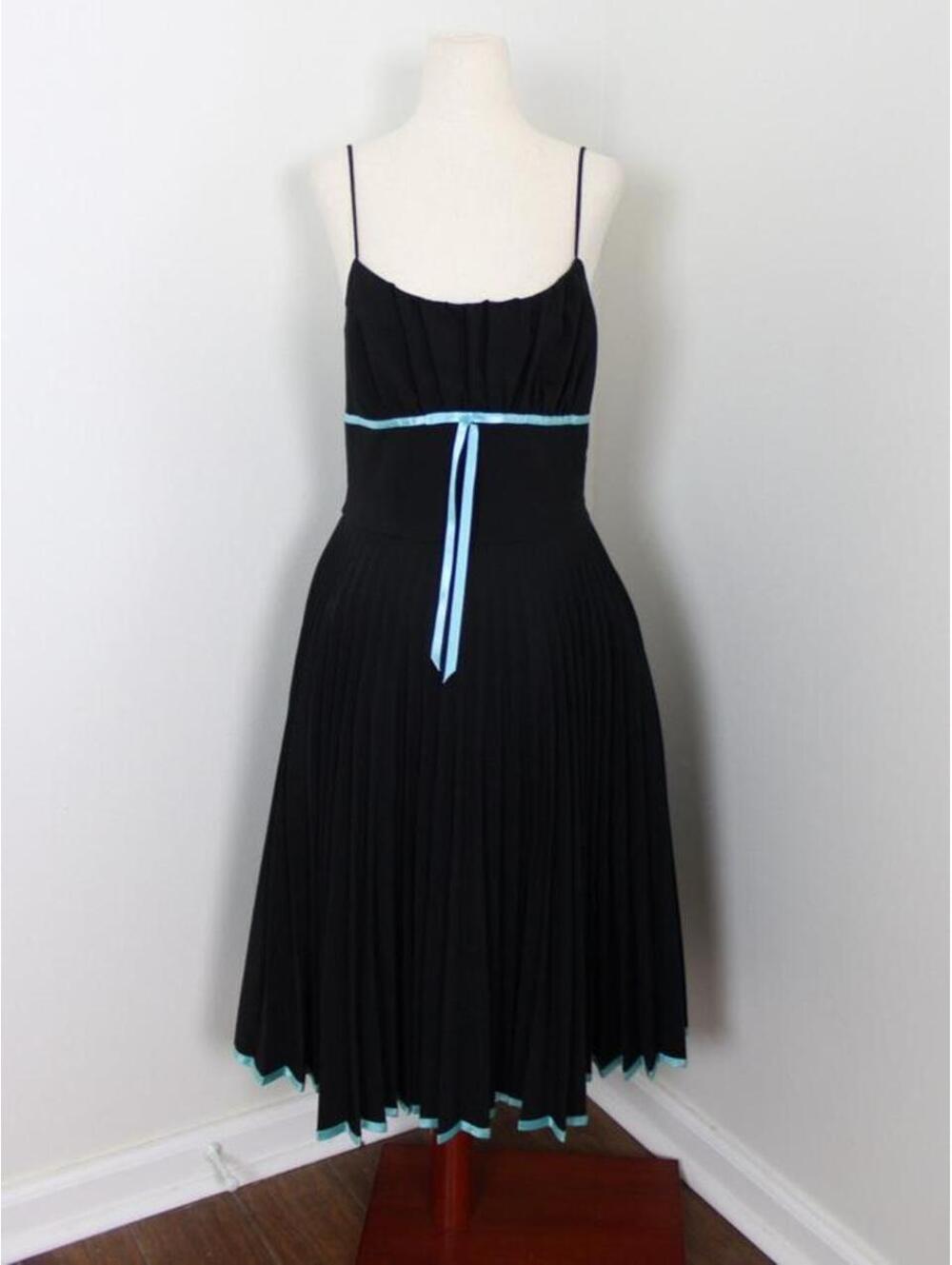 Vintage Rampage black pleated midi dress with blue trim and bow detail. Size 9